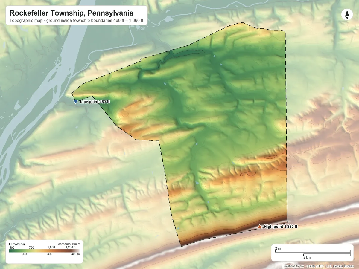 Topographic elevation map of Rockefeller Township, Pennsylvania, shaded from 460 ft on the west side to 1,360 ft on the southeast edge, below higher ground just outside