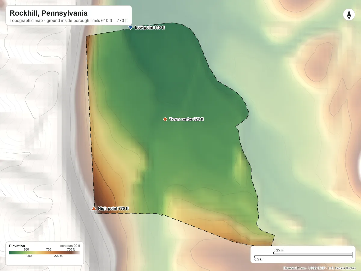 Topographic elevation map of Rockhill, Pennsylvania, shaded from 610 ft on the north side to 770 ft at the foot of the Blue Mountain