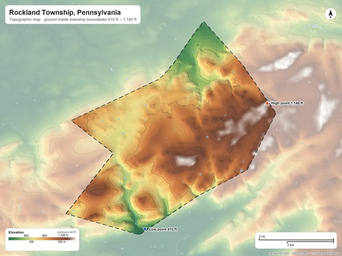 Topographic elevation map of Rockland Township, Pennsylvania, shaded from 410 ft on the south side to 1,140 ft on the east side