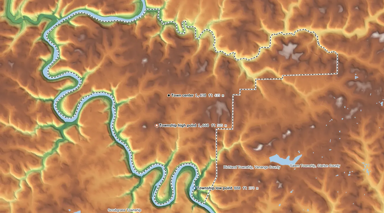 Topographic elevation map of Rockland Township, Venango County, Pennsylvania, shaded from 880 ft on the south side to 1,660 ft near the middle