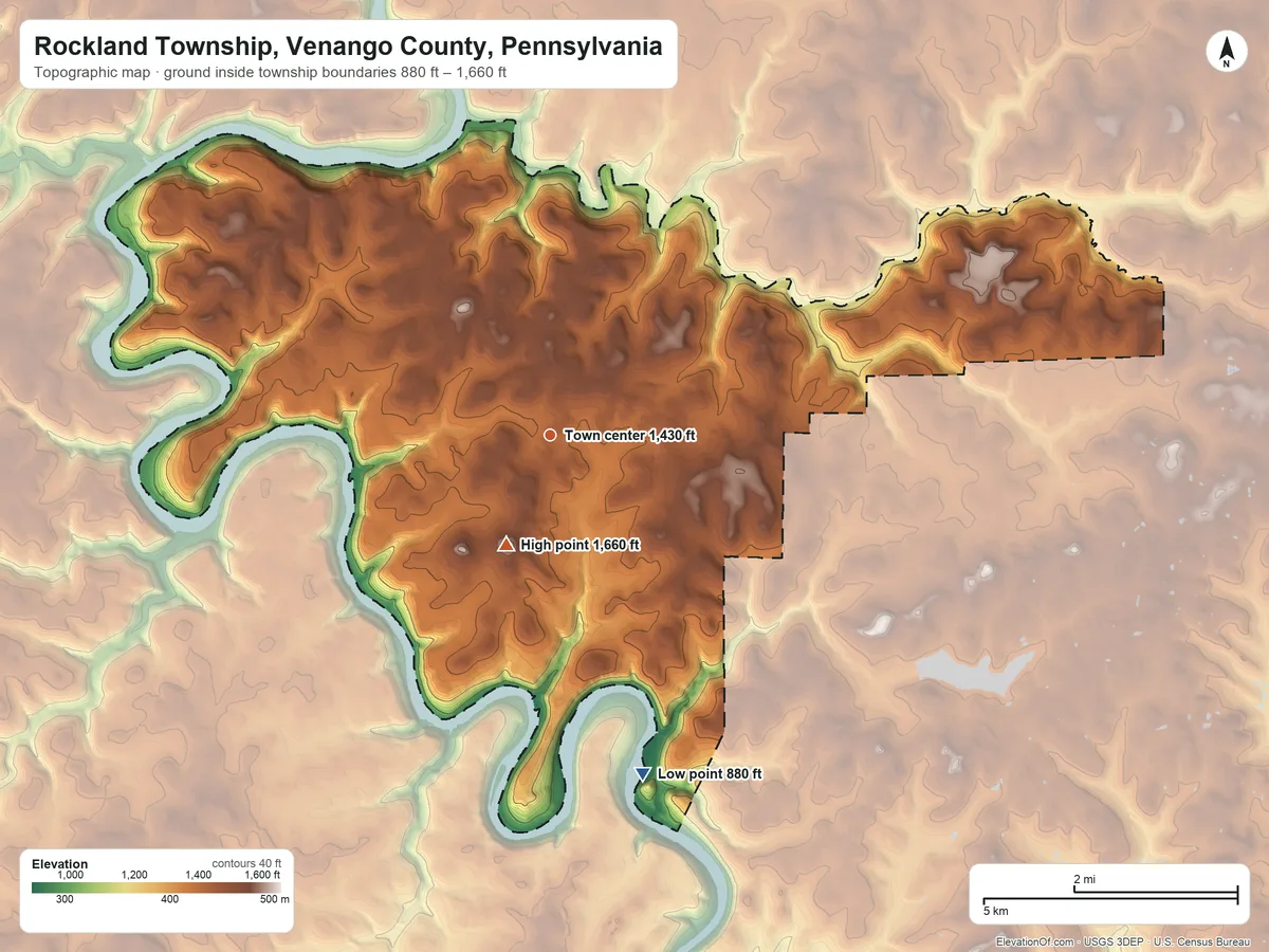 Topographic elevation map of Rockland Township, Venango County, Pennsylvania, shaded from 880 ft on the south side to 1,660 ft near the middle