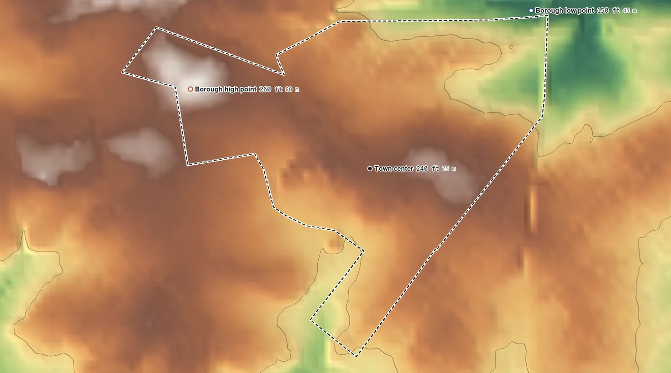 Topographic elevation map of Rockledge, Pennsylvania, shaded from 150 ft on the northeast side to 260 ft on the northwest side