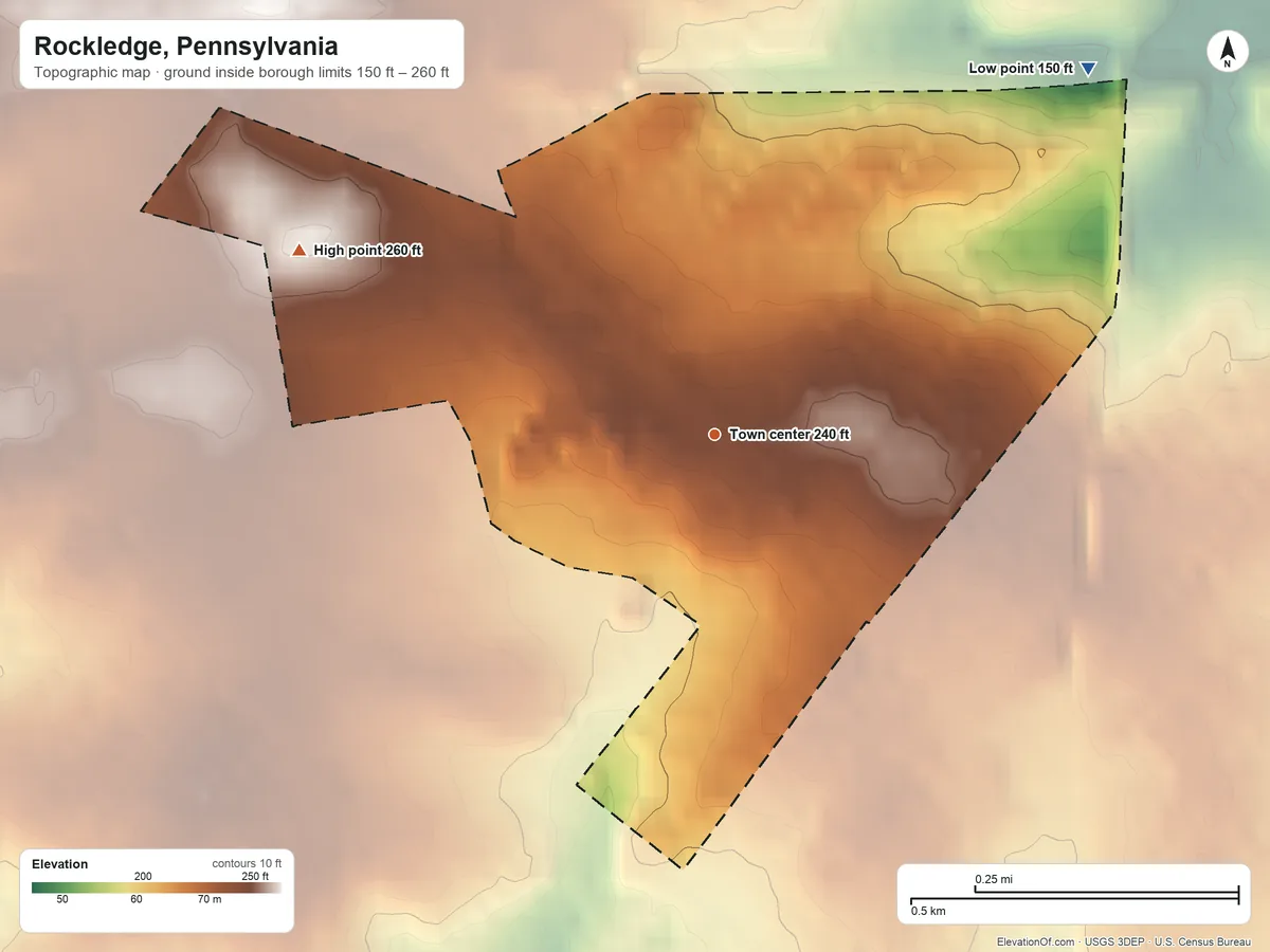 Topographic elevation map of Rockledge, Pennsylvania, shaded from 150 ft on the northeast side to 260 ft on the northwest side