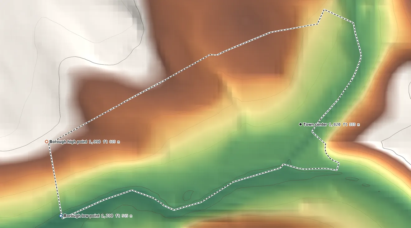 Topographic elevation map of Rockwood, Pennsylvania, shaded from 1,790 ft on the west side to 1,990 ft on the west side