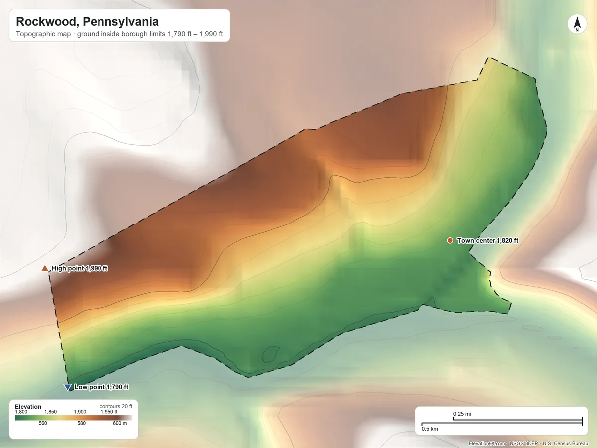 Topographic elevation map of Rockwood, Pennsylvania, shaded from 1,790 ft on the west side to 1,990 ft on the west side