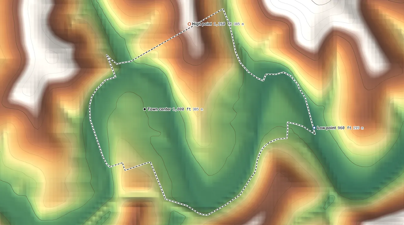 Topographic elevation map of Rogersville, Pennsylvania, shaded from 960 ft on the east side to 1,260 ft on the northeast side