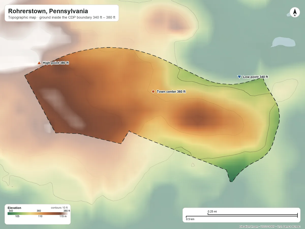 Topographic elevation map of Rohrerstown, Pennsylvania, shaded from 340 ft on the east side to 380 ft on the west side