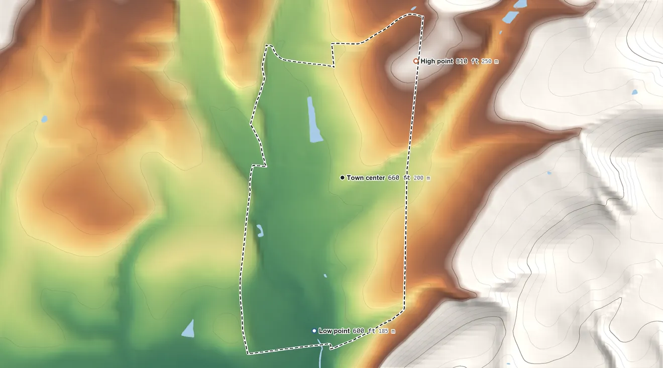 Topographic elevation map of Rohrsburg, Pennsylvania, shaded from 600 ft on the south side to 810 ft at the foot of the Muncy Hills