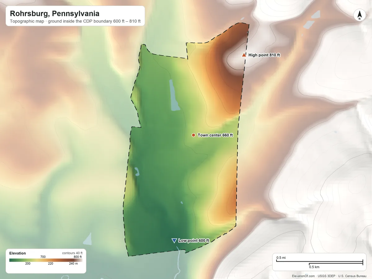 Topographic elevation map of Rohrsburg, Pennsylvania, shaded from 600 ft on the south side to 810 ft at the foot of the Muncy Hills