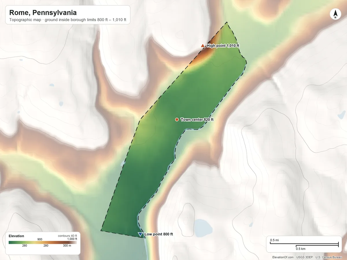 Topographic elevation map of Rome, Pennsylvania, shaded from 800 ft on the south side to 1,010 ft on the north edge, below higher ground just outside