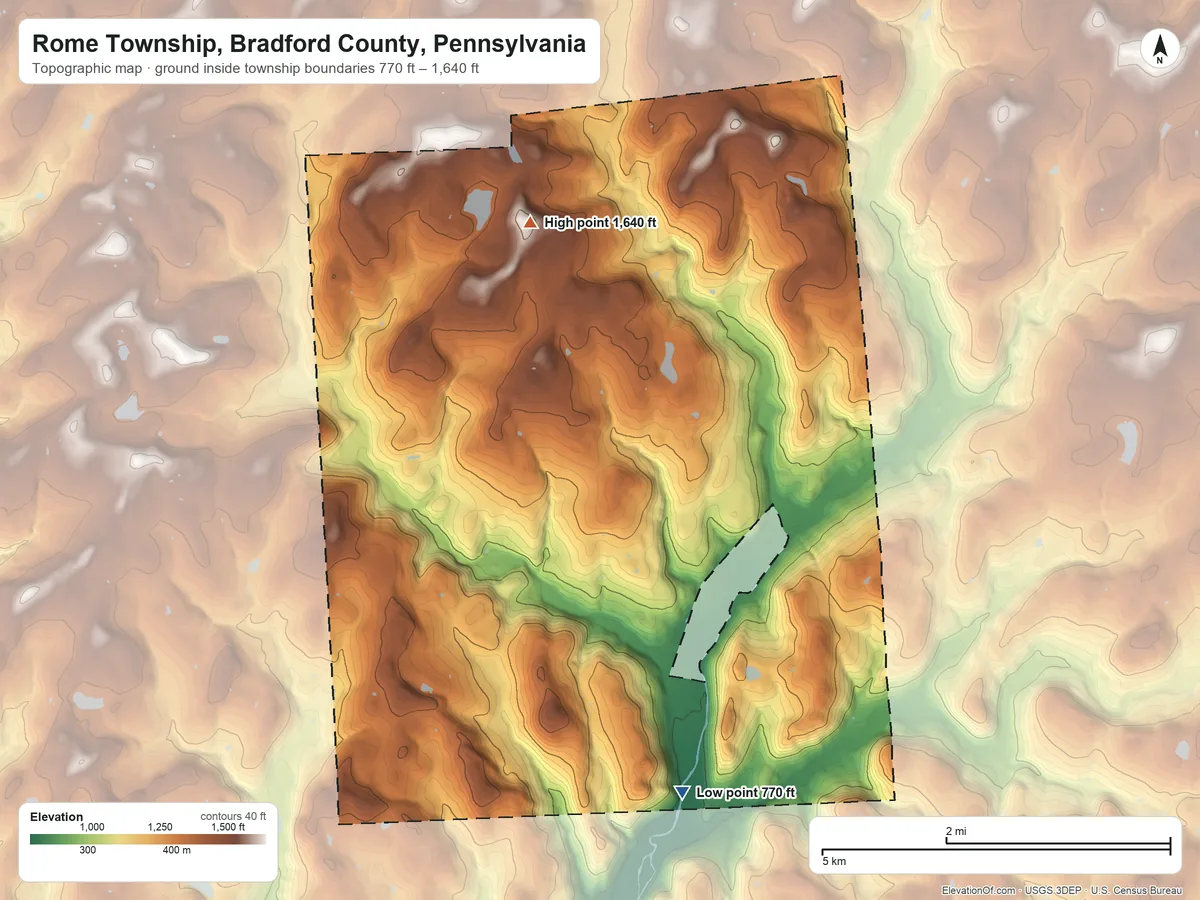 Topographic elevation map of Rome Township, Bradford County, Pennsylvania, shaded from 770 ft on the south side to 1,640 ft on the north side