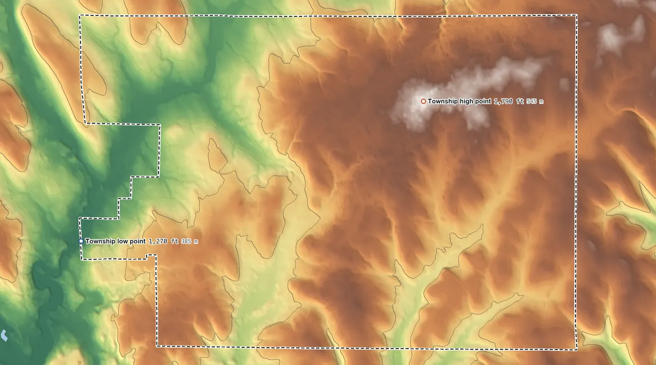 Topographic elevation map of Rome Township, Pennsylvania, shaded from 1,270 ft on the west side to 1,790 ft on the northeast side