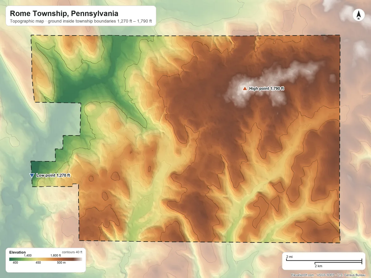 Topographic elevation map of Rome Township, Pennsylvania, shaded from 1,270 ft on the west side to 1,790 ft on the northeast side