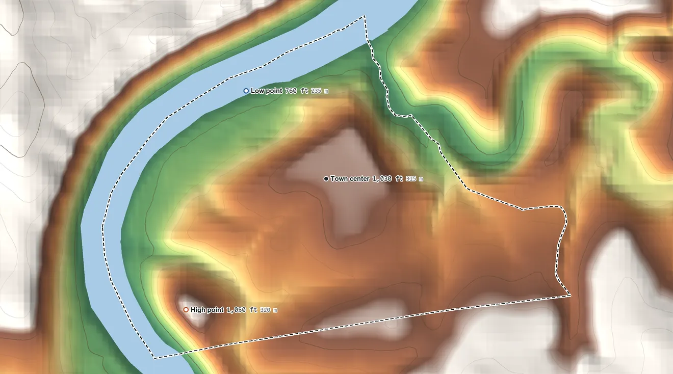 Topographic elevation map of Ronco, Pennsylvania, shaded from 760 ft on the northwest side to 1,050 ft on the southwest side