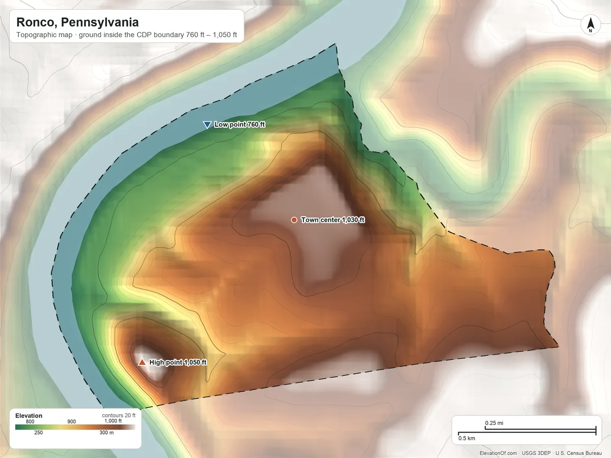 Topographic elevation map of Ronco, Pennsylvania, shaded from 760 ft on the northwest side to 1,050 ft on the southwest side