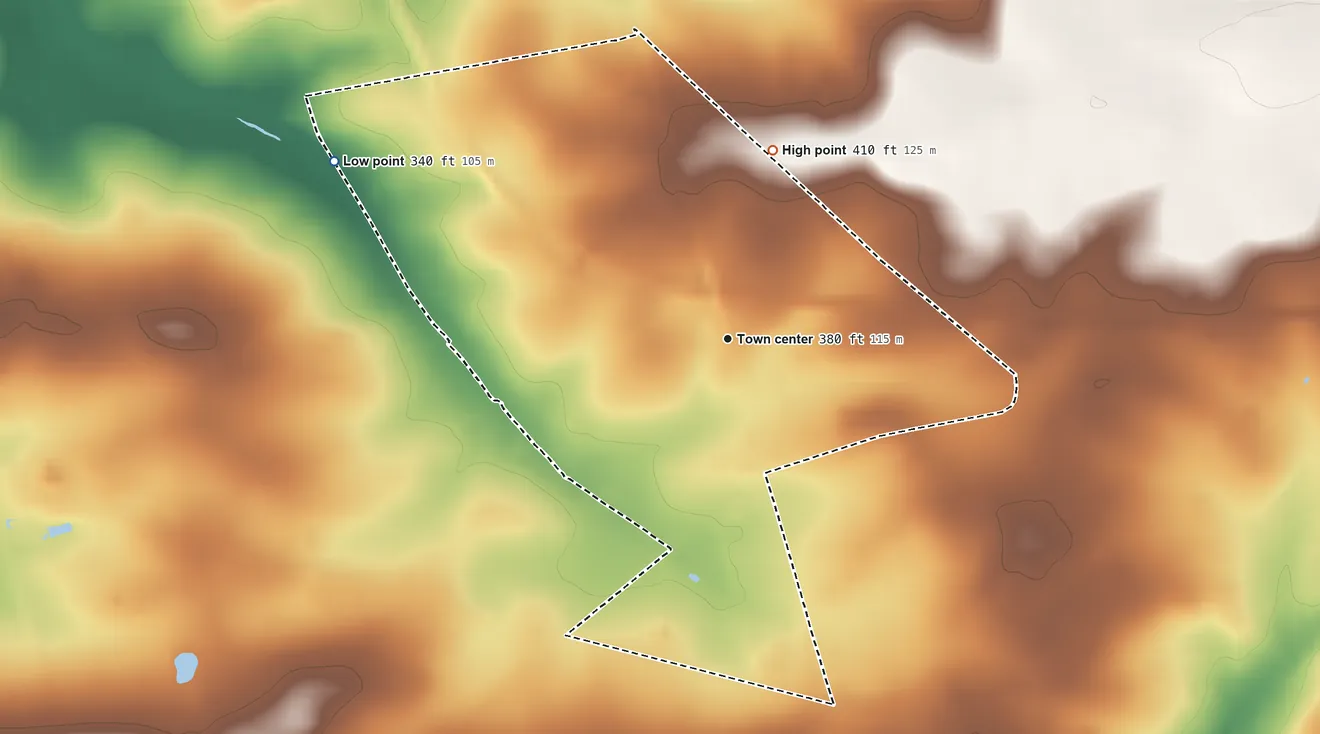 Topographic elevation map of Ronks, Pennsylvania, shaded from 340 ft on the northwest side to 410 ft on the north side