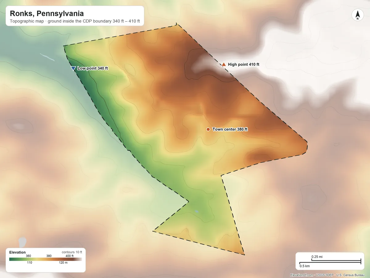 Topographic elevation map of Ronks, Pennsylvania, shaded from 340 ft on the northwest side to 410 ft on the north side