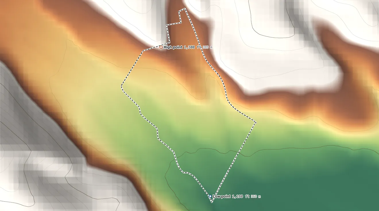 Topographic elevation map of Roots, Pennsylvania, shaded from 1,180 ft on the south side to 1,300 ft on the north edge, below higher ground just outside