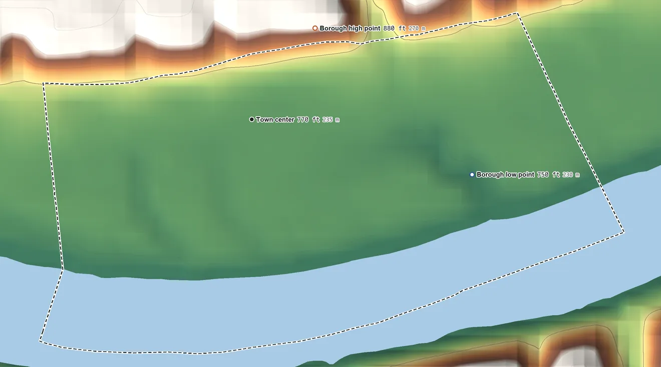 Topographic elevation map of Roscoe, Pennsylvania, shaded from 750 ft on the east side to 880 ft on the northeast edge, below higher ground just outside