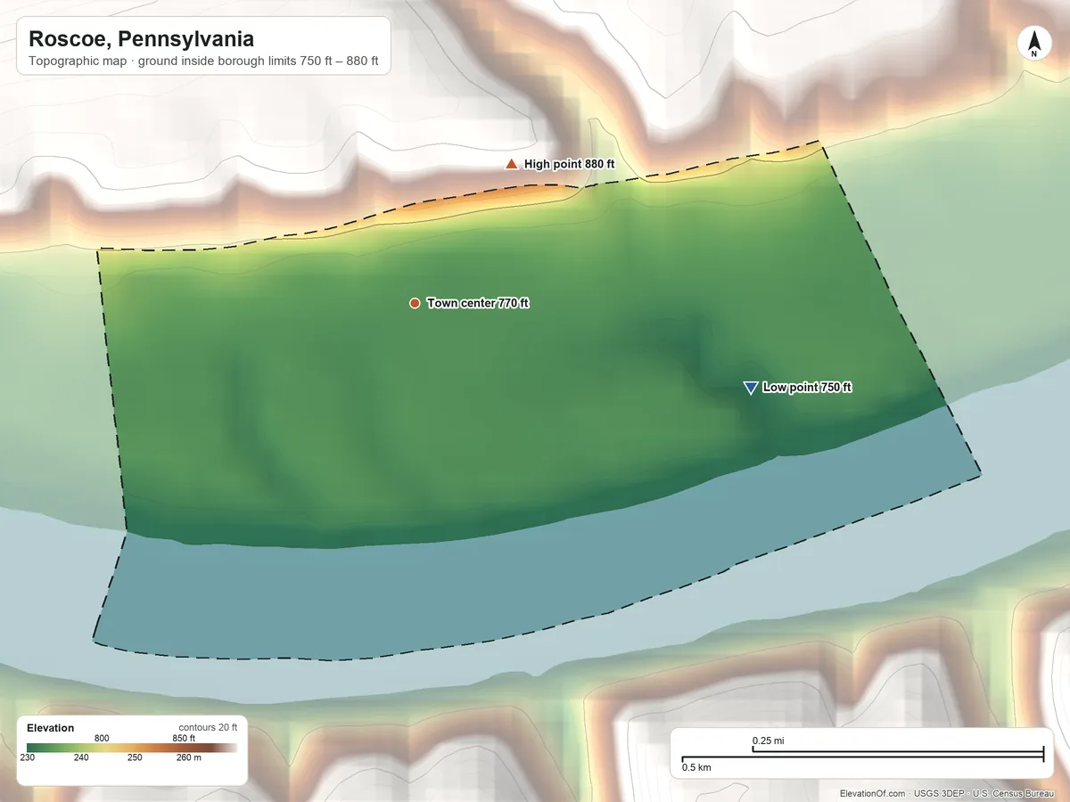 Topographic elevation map of Roscoe, Pennsylvania, shaded from 750 ft on the east side to 880 ft on the northeast edge, below higher ground just outside