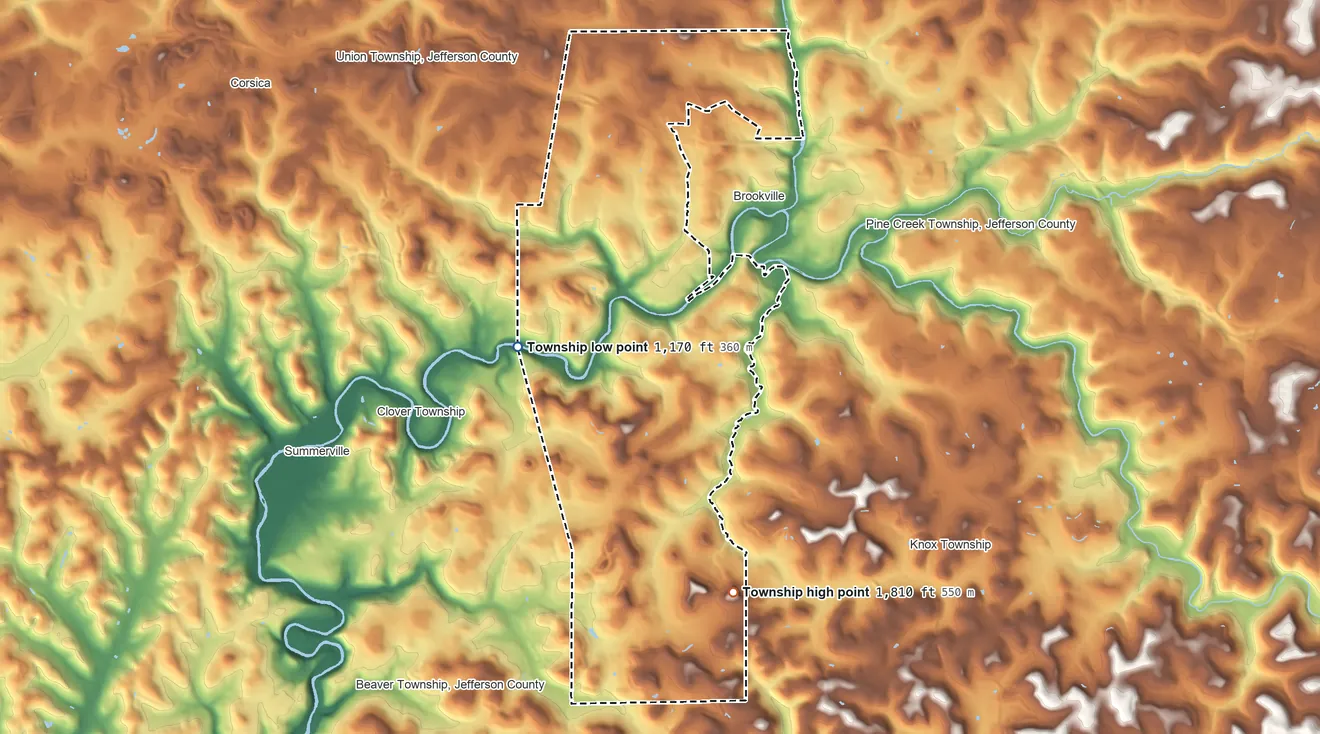 Topographic elevation map of Rose Township, Pennsylvania, shaded from 1,170 ft on the southwest side to 1,810 ft on the south side