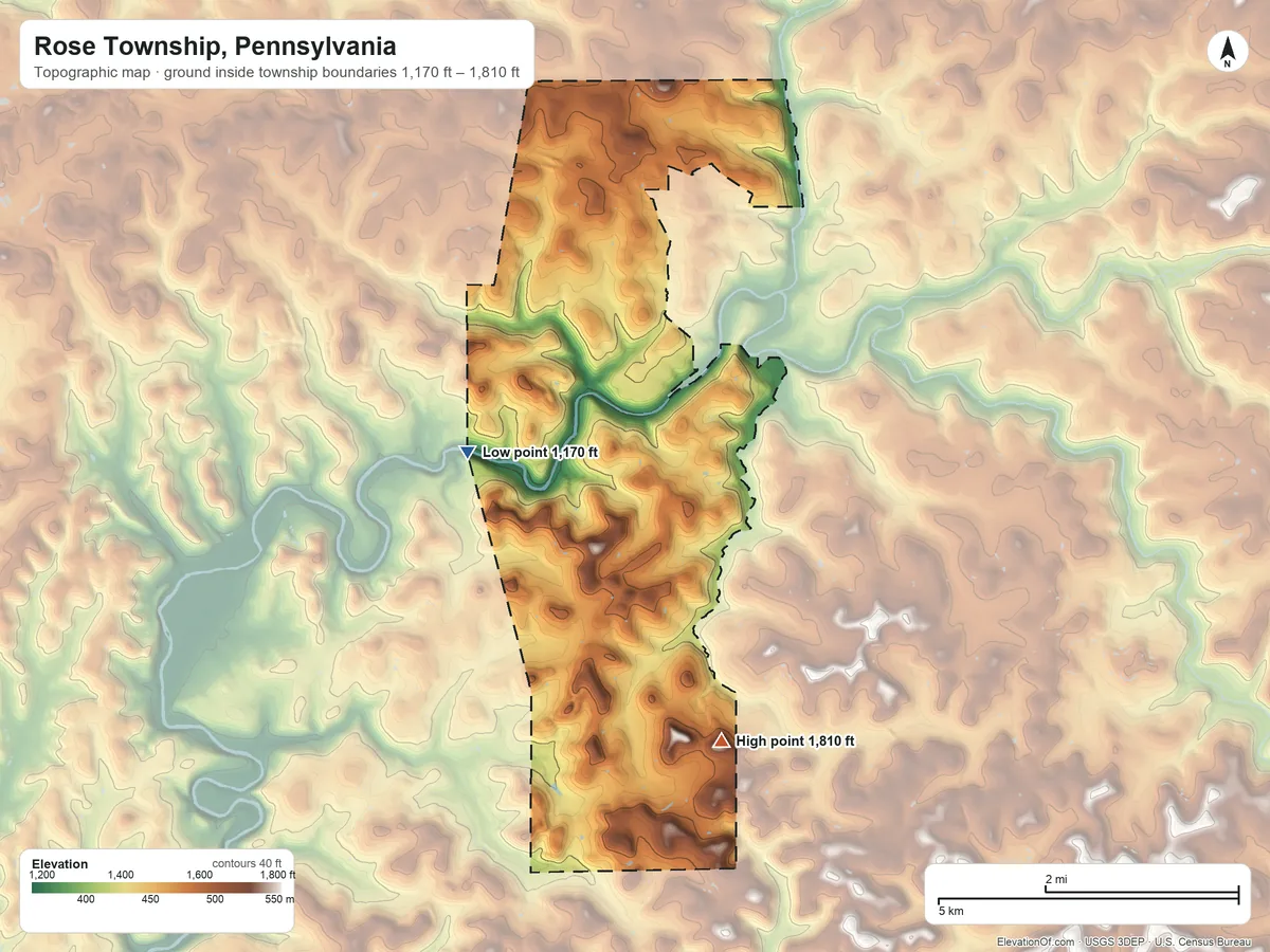 Topographic elevation map of Rose Township, Pennsylvania, shaded from 1,170 ft on the southwest side to 1,810 ft on the south side