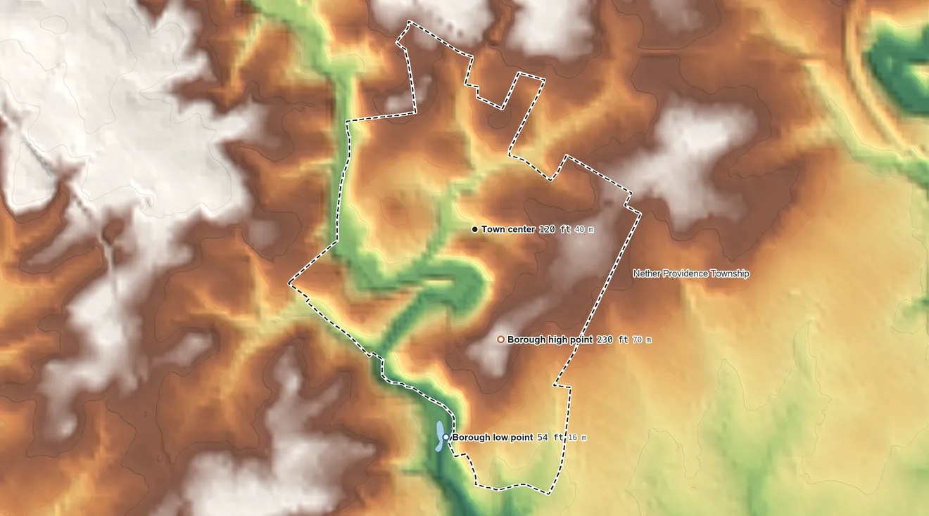 Topographic elevation map of Rose Valley, Pennsylvania, shaded from 54 ft on the south side to 230 ft on the south side