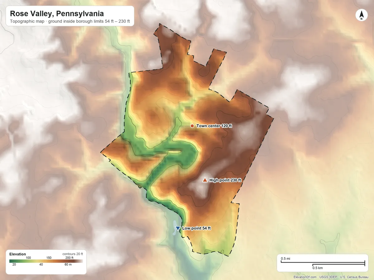Topographic elevation map of Rose Valley, Pennsylvania, shaded from 54 ft on the south side to 230 ft on the south side
