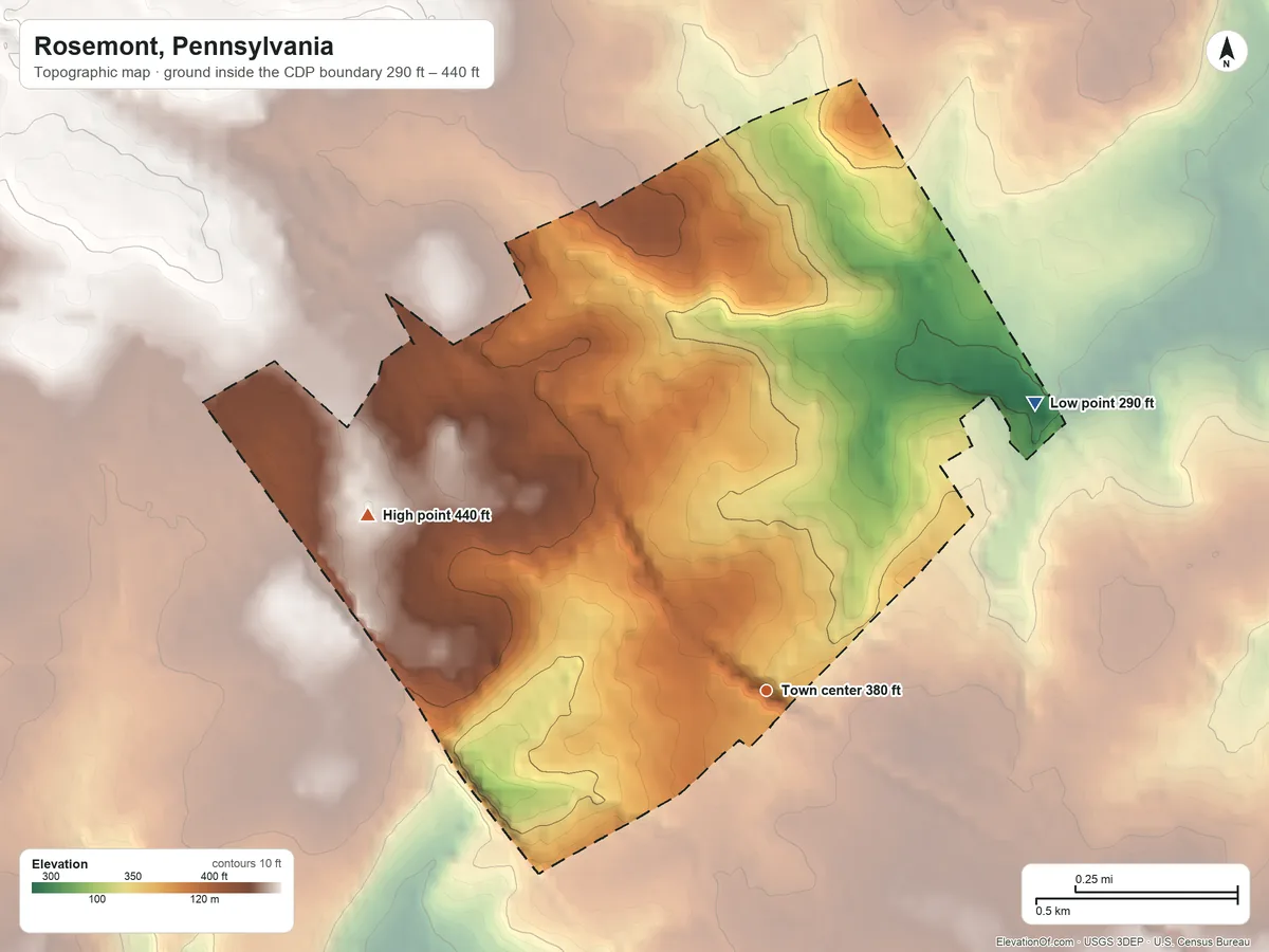 Topographic elevation map of Rosemont, Pennsylvania, shaded from 290 ft on the northeast side to 440 ft on the northwest side