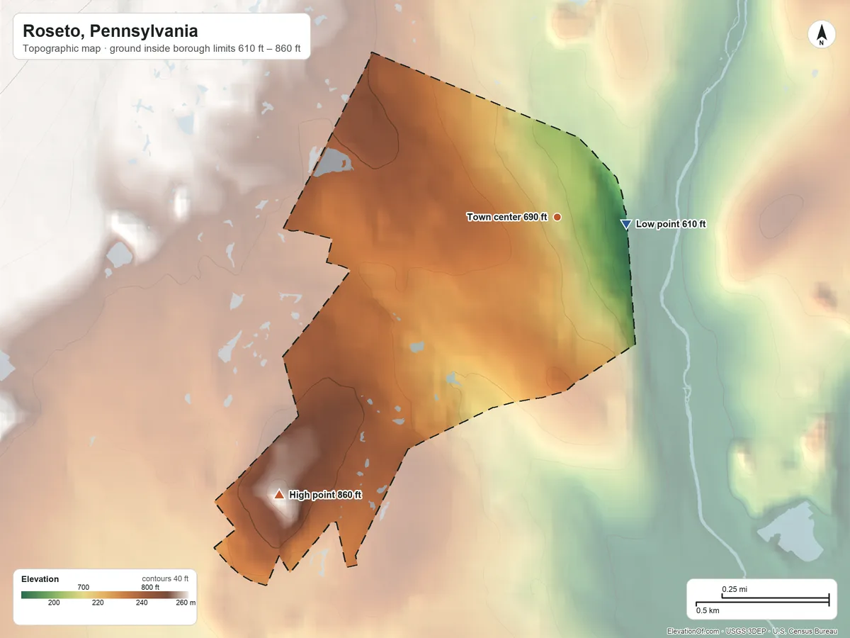 Topographic elevation map of Roseto, Pennsylvania, shaded from 610 ft on the east side to 860 ft on the southwest edge, below higher ground just outside