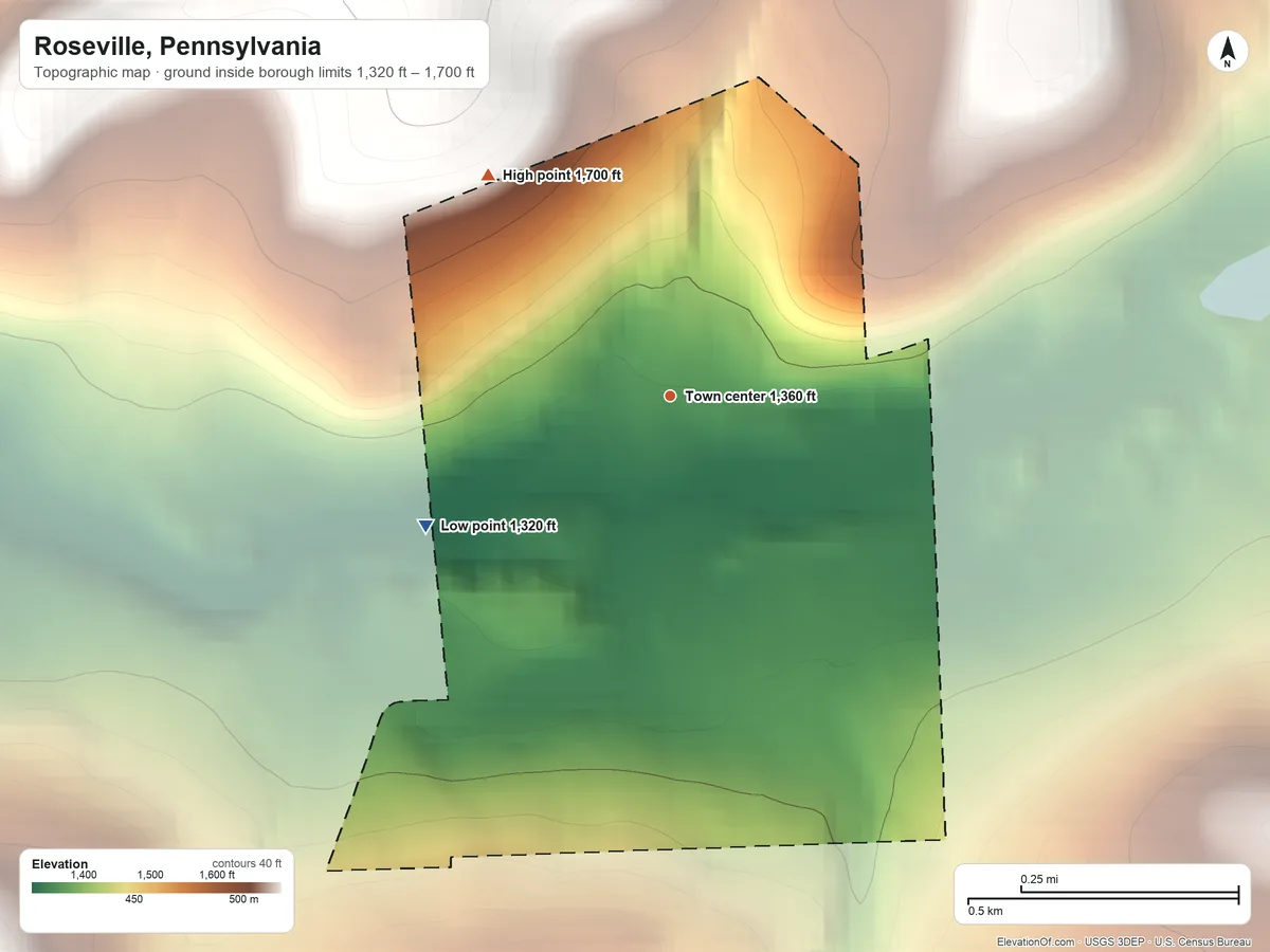 Topographic elevation map of Roseville, Pennsylvania, shaded from 1,320 ft on the southwest side to 1,700 ft on the northwest side