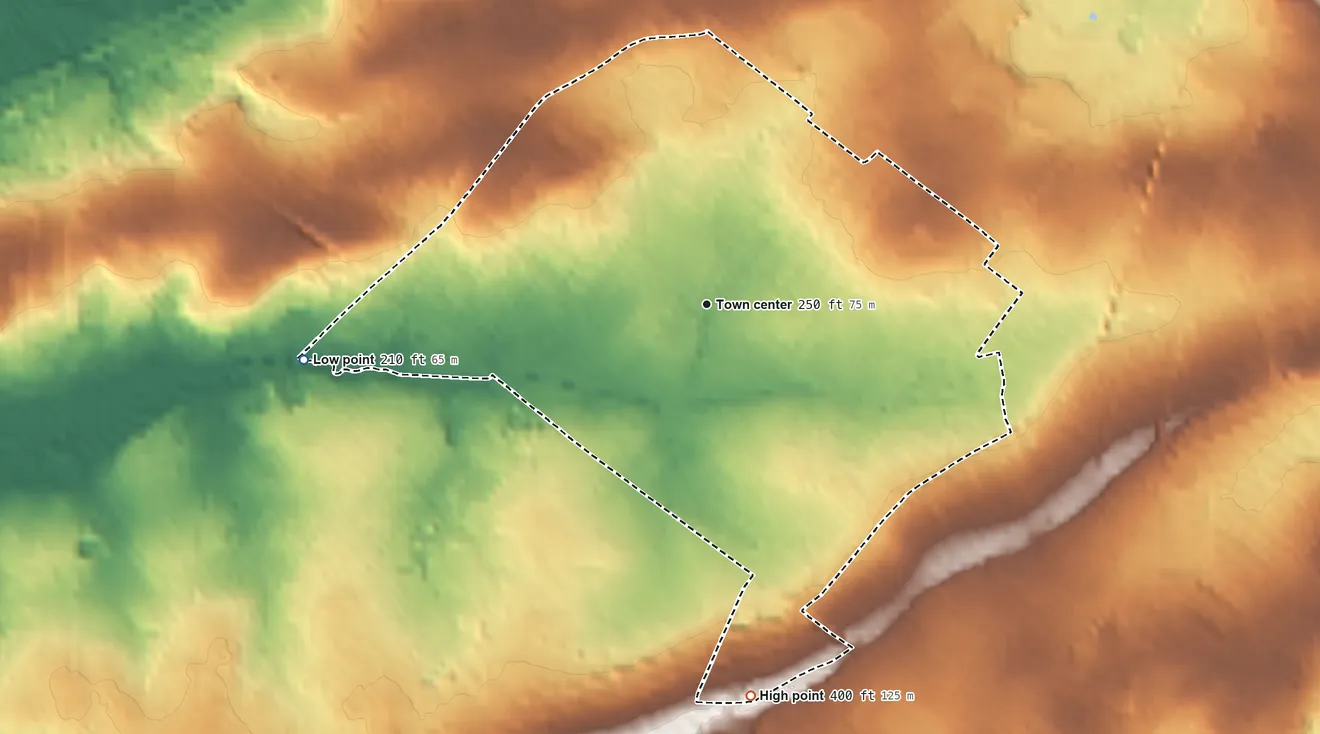 Topographic elevation map of Roslyn, Pennsylvania, shaded from 210 ft on the west side to 400 ft on the south side