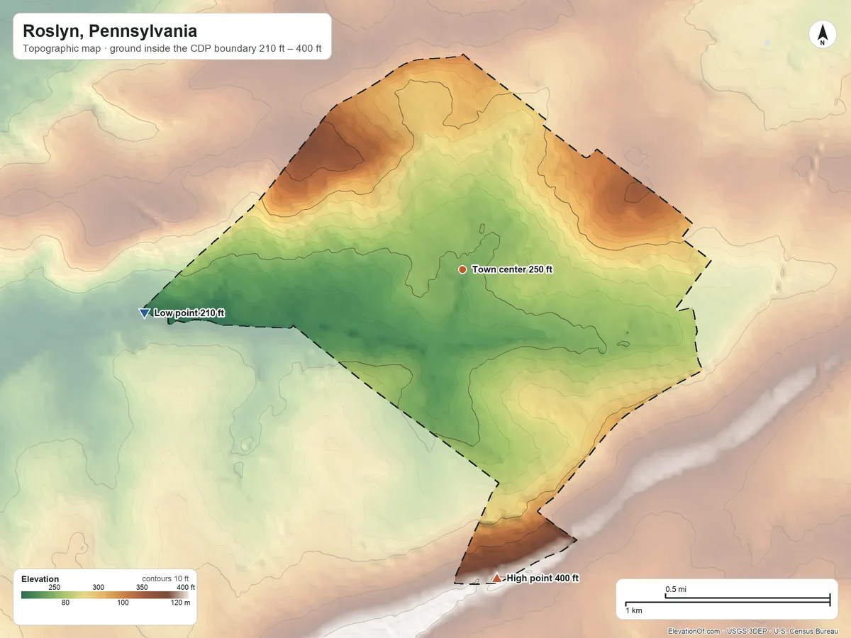 Topographic elevation map of Roslyn, Pennsylvania, shaded from 210 ft on the west side to 400 ft on the south side