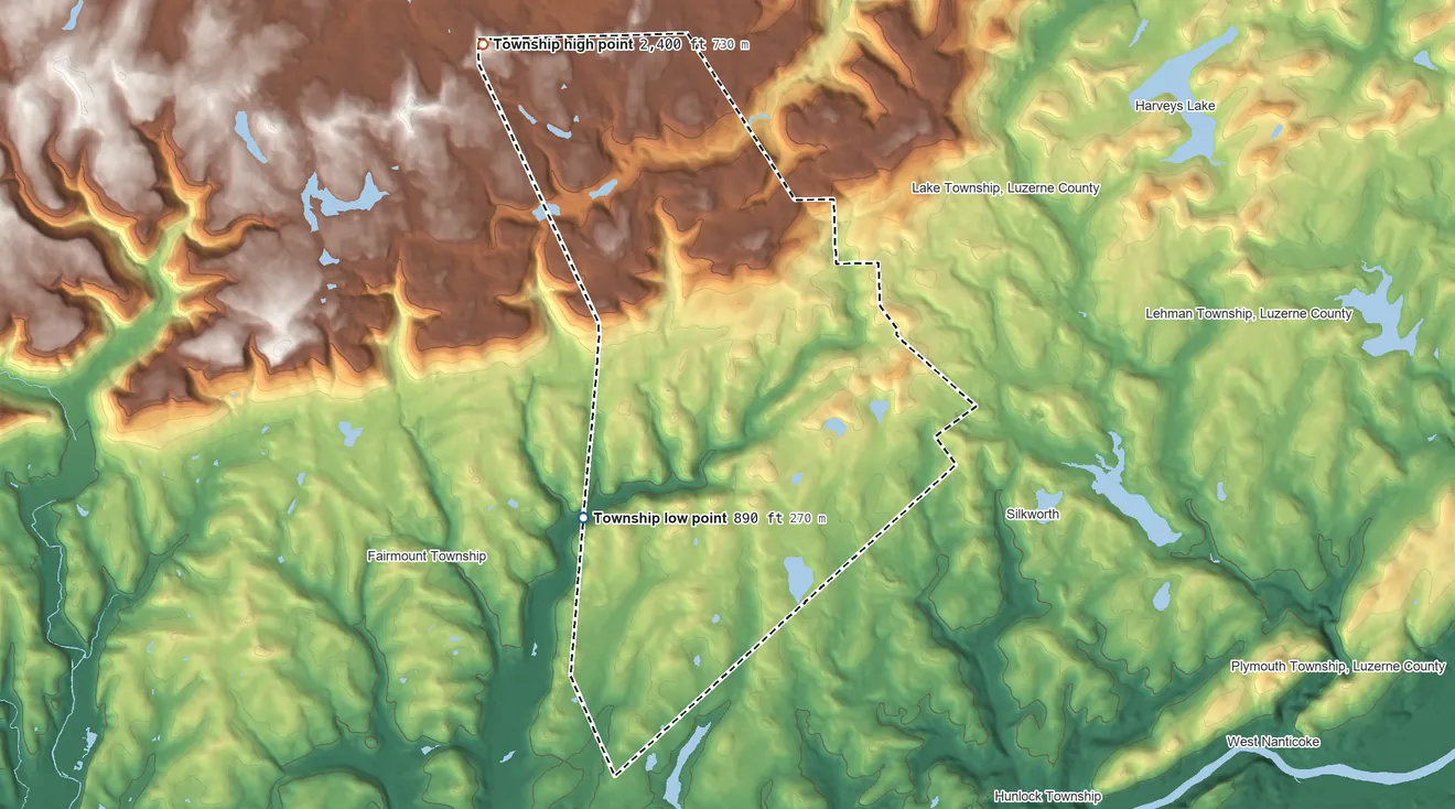 Topographic elevation map of Ross Township, Luzerne County, Pennsylvania, shaded from 890 ft on the west side to 2,400 ft on the northwest side