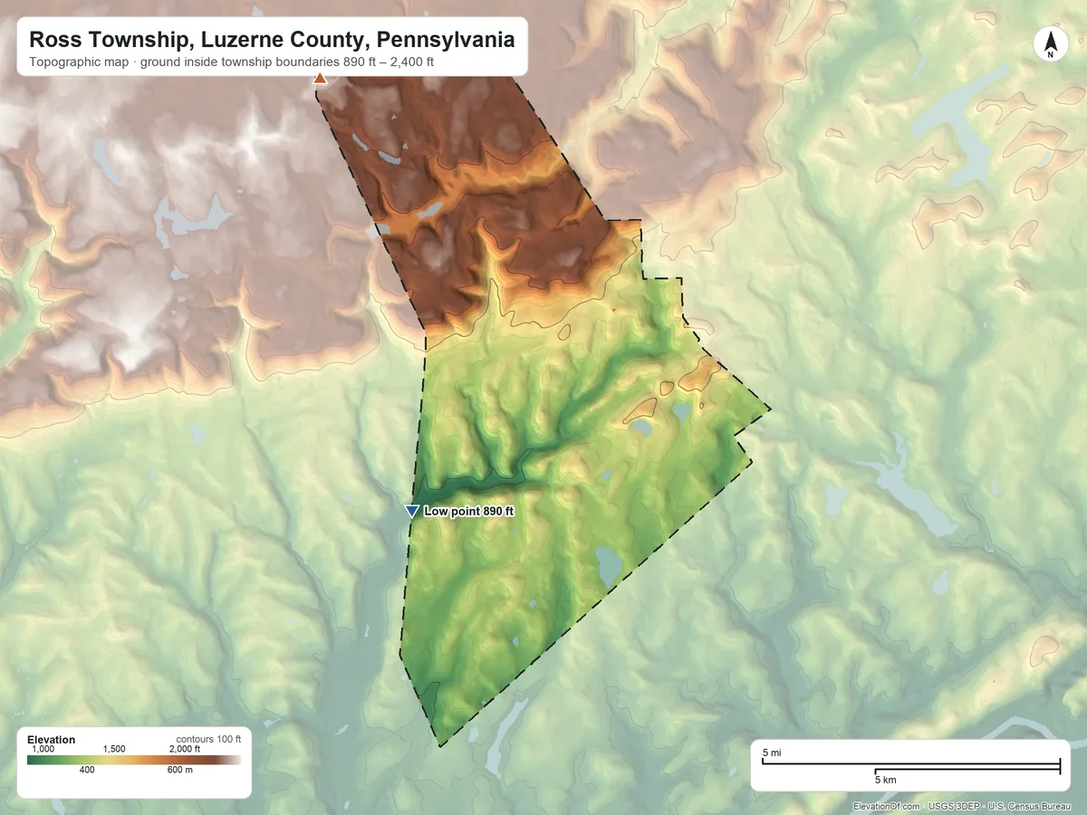 Topographic elevation map of Ross Township, Luzerne County, Pennsylvania, shaded from 890 ft on the west side to 2,400 ft on the northwest side