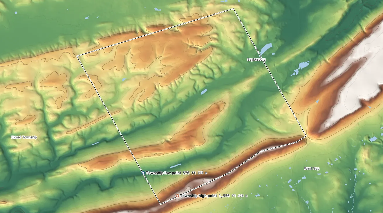 Topographic elevation map of Ross Township, Monroe County, Pennsylvania, shaded from 570 ft on the south side to 1,550 ft on the south side