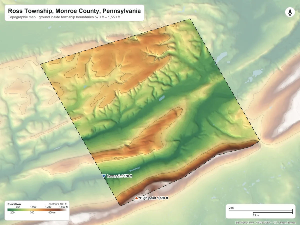 Topographic elevation map of Ross Township, Monroe County, Pennsylvania, shaded from 570 ft on the south side to 1,550 ft on the south side