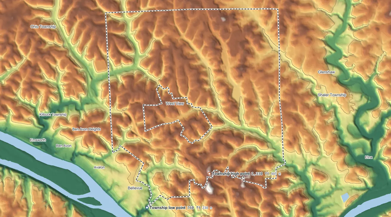 Topographic elevation map of Ross Township, Pennsylvania, shaded from 760 ft on the southwest side to 1,330 ft on the south side
