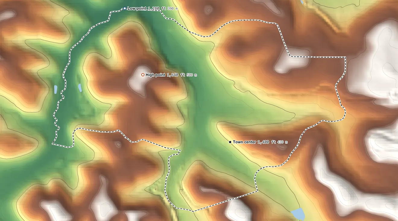 Topographic elevation map of Rossiter, Pennsylvania, shaded from 1,280 ft on the northwest side to 1,640 ft on the northwest side