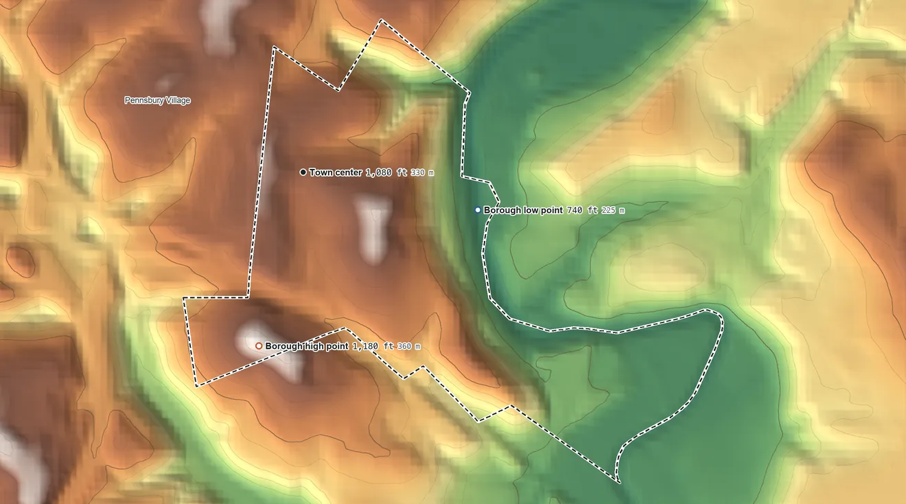 Topographic elevation map of Rosslyn Farms, Pennsylvania, shaded from 740 ft on the east side to 1,180 ft on the south side