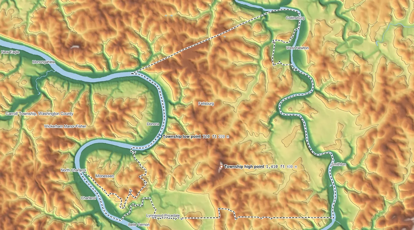 Topographic elevation map of Rostraver Township, Pennsylvania, shaded from 720 ft on the west side to 1,411 ft on Sheppler Hill