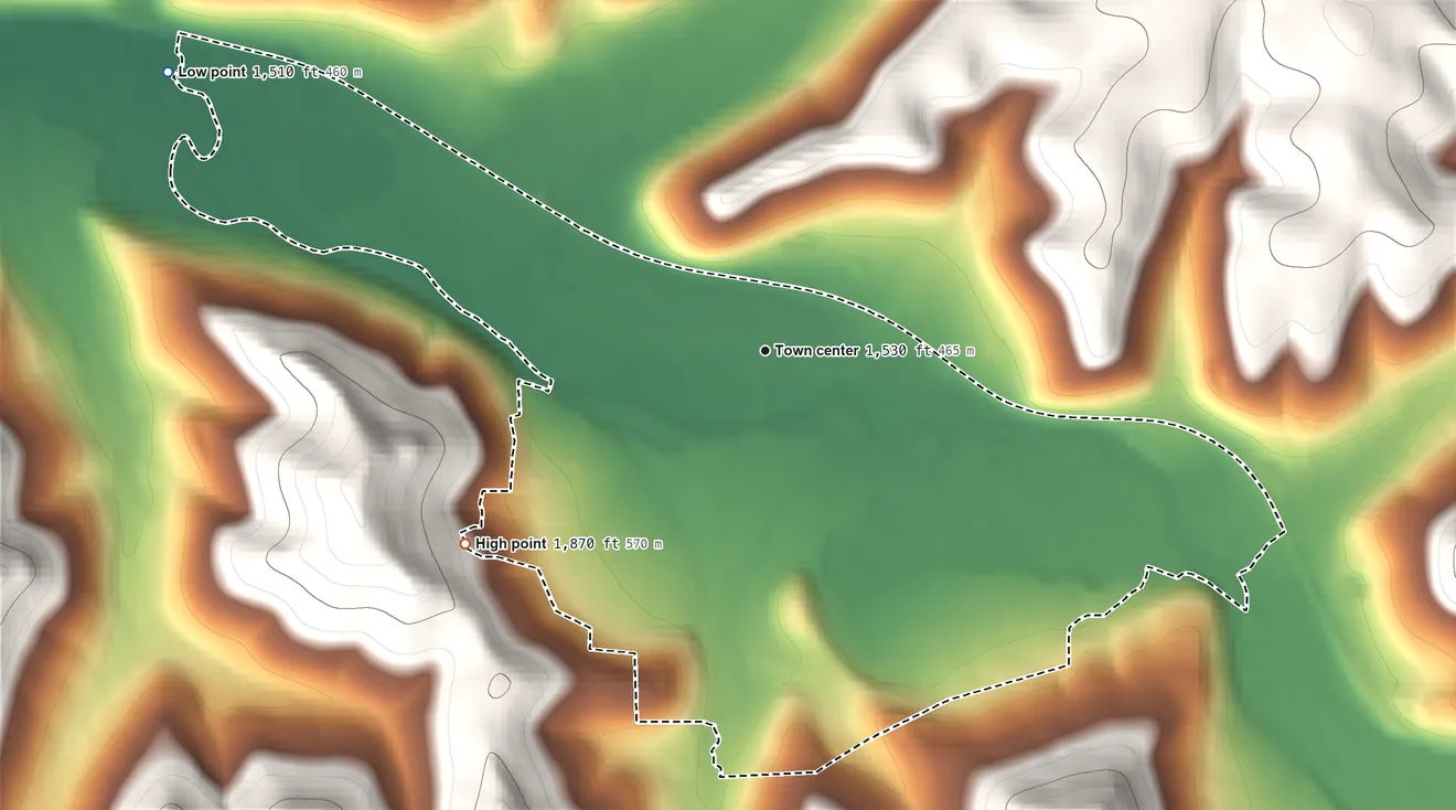 Topographic elevation map of Roulette, Pennsylvania, shaded from 1,510 ft on the northwest side to 1,870 ft on the southwest edge, below higher ground just outside