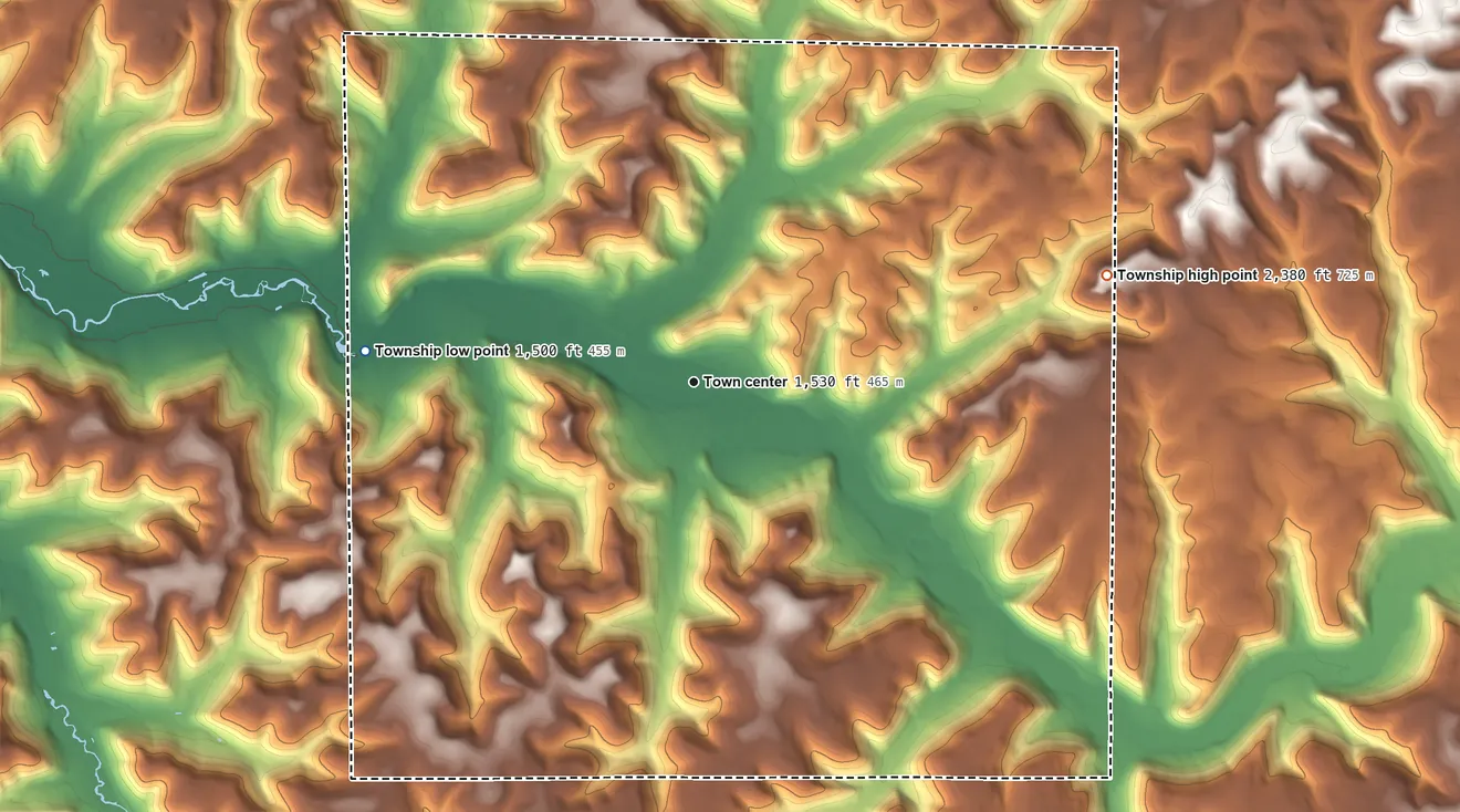 Topographic elevation map of Roulette Township, Pennsylvania, shaded from 1,500 ft on the west side to 2,380 ft on the east side