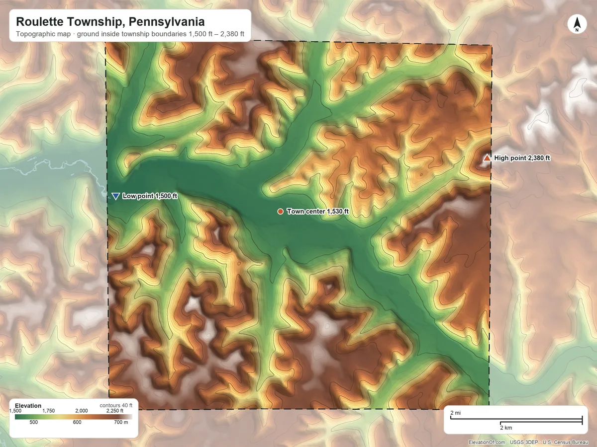 Topographic elevation map of Roulette Township, Pennsylvania, shaded from 1,500 ft on the west side to 2,380 ft on the east side
