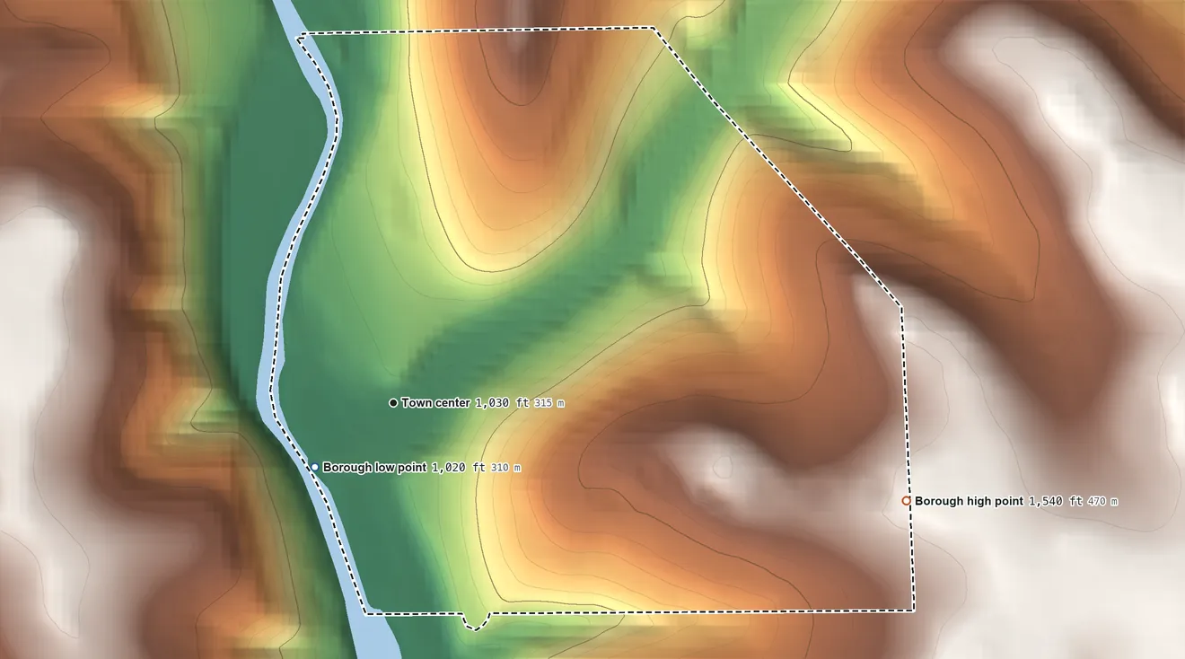 Topographic elevation map of Rouseville, Pennsylvania, shaded from 1,020 ft on the southwest side to 1,540 ft on the east side