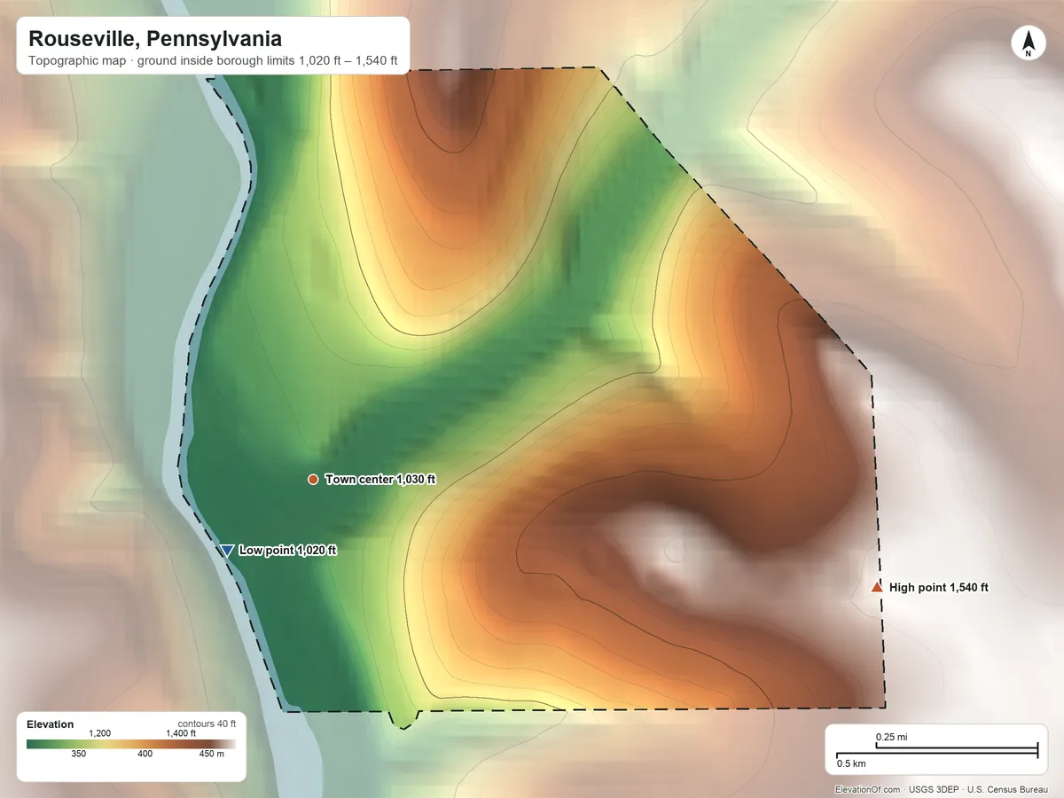 Topographic elevation map of Rouseville, Pennsylvania, shaded from 1,020 ft on the southwest side to 1,540 ft on the east side
