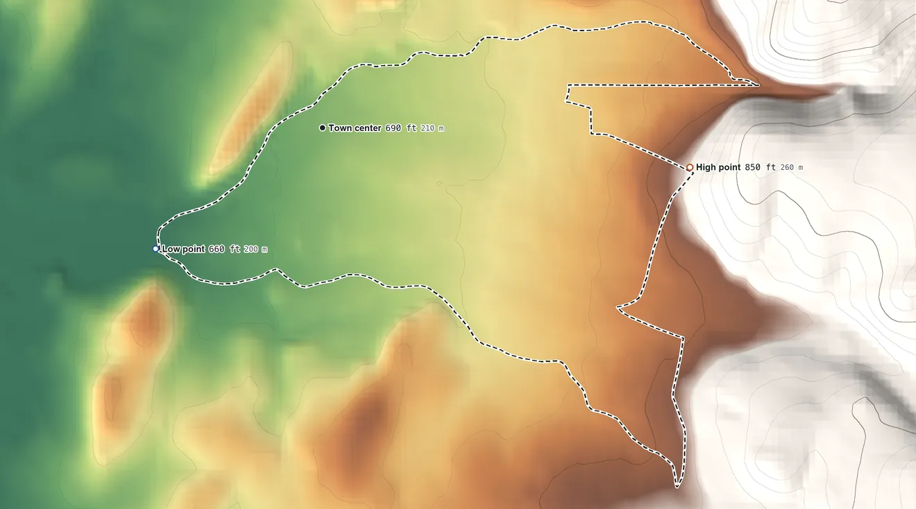 Topographic elevation map of Rouzerville, Pennsylvania, shaded from 660 ft on the southwest side to 850 ft at the foot of the South Mountain