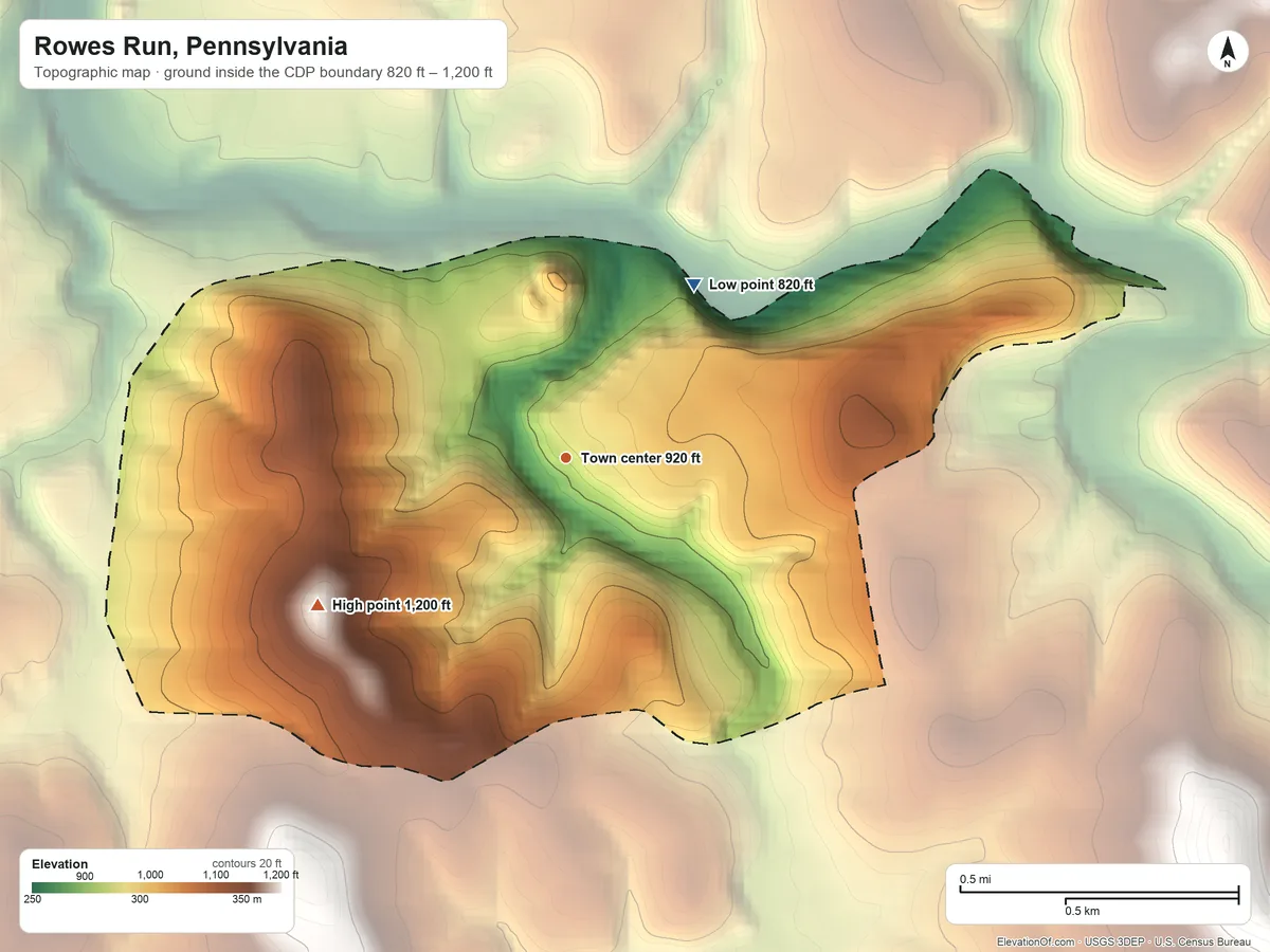 Topographic elevation map of Rowes Run, Pennsylvania, shaded from 820 ft on the northeast side to 1,200 ft on the southwest side