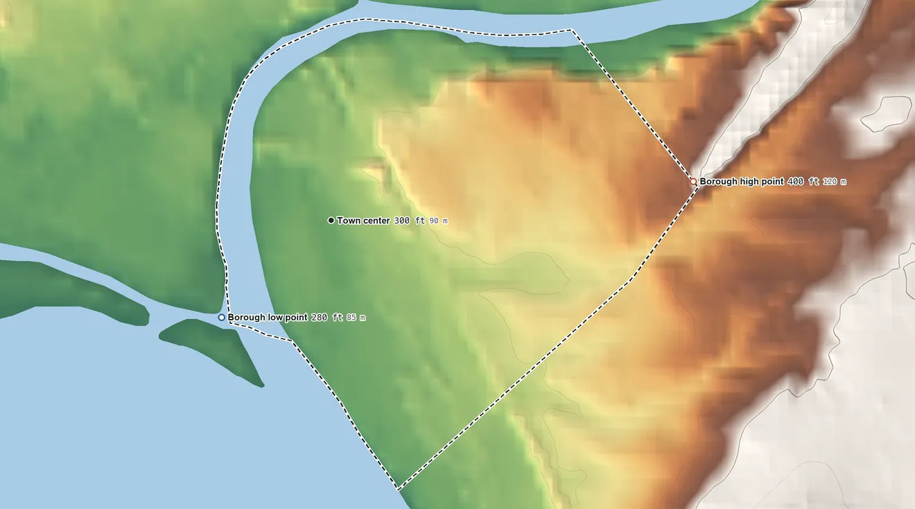 Topographic elevation map of Royalton, Pennsylvania, shaded from 280 ft on the southwest side to 400 ft on the east side