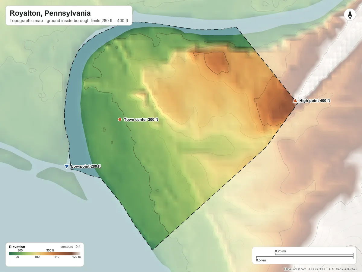 Topographic elevation map of Royalton, Pennsylvania, shaded from 280 ft on the southwest side to 400 ft on the east side